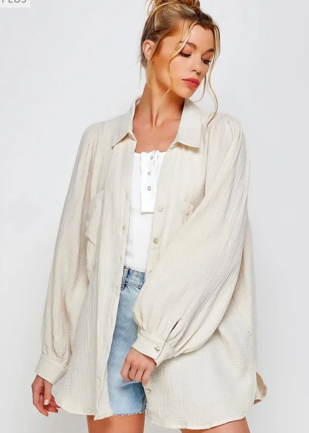 Dahlia, Women’s Plus Size, Oversized, Gauze Button Up Shirt, Cream