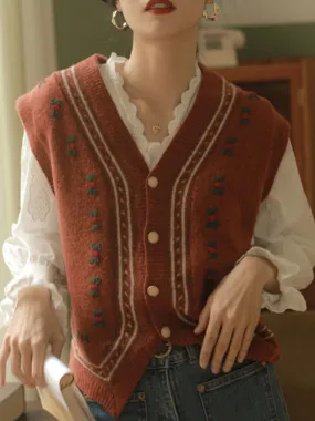 Daisy Vintage Embroidery V-Neck Knitted Vest