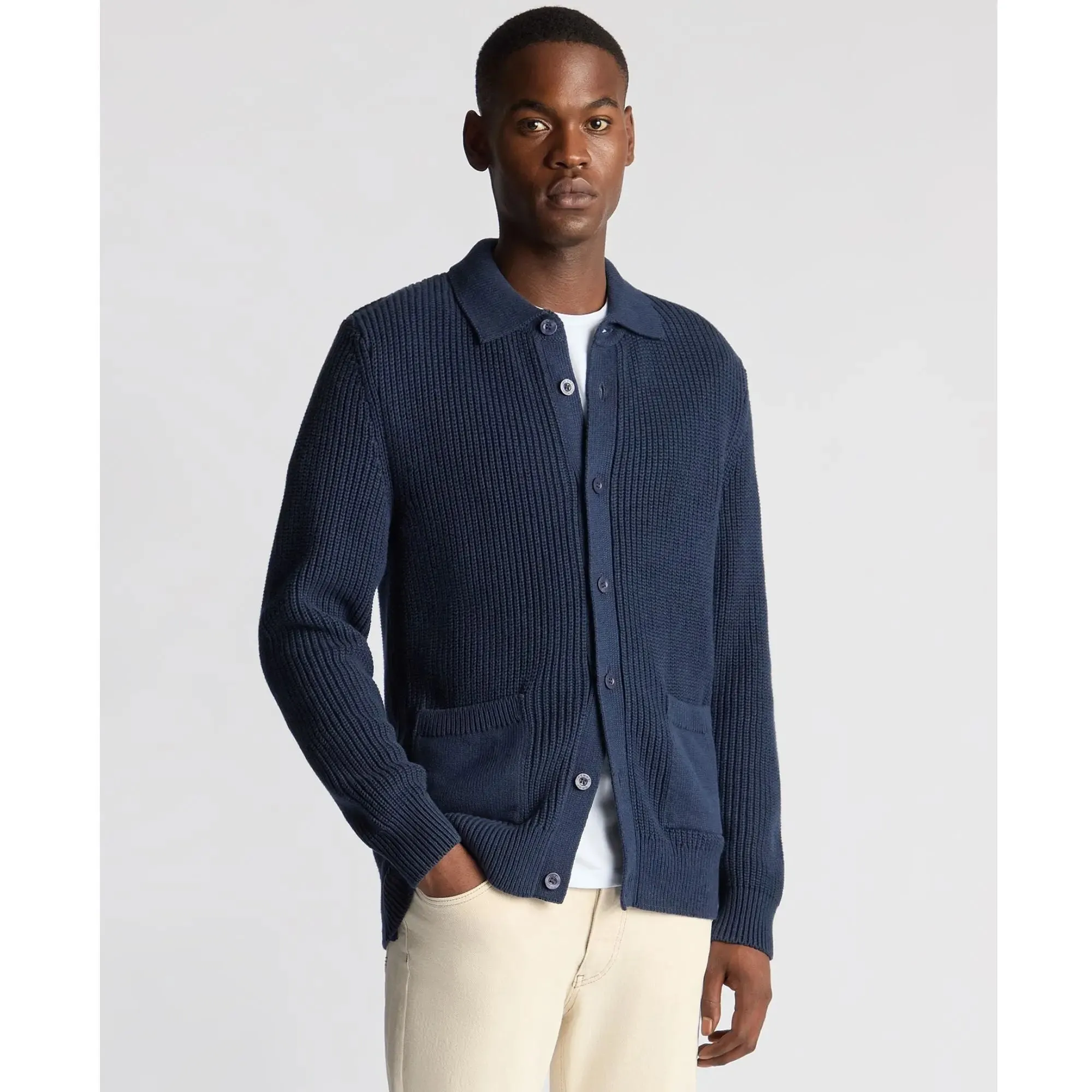 Dark Blue Long-Sleeved Buttoned Cardigan