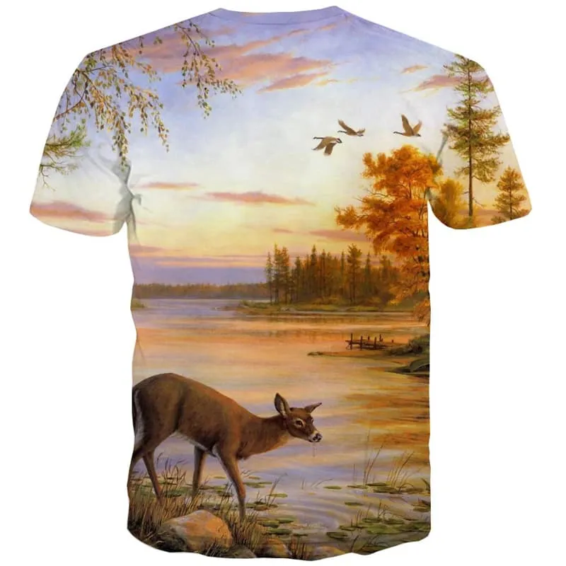 Deer T-shirt Men Animal Tshirt Anime Landscape T-shirts 3d Short Sleeve