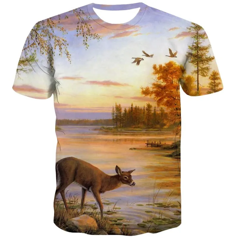 Deer T-shirt Men Animal Tshirt Anime Landscape T-shirts 3d Short Sleeve