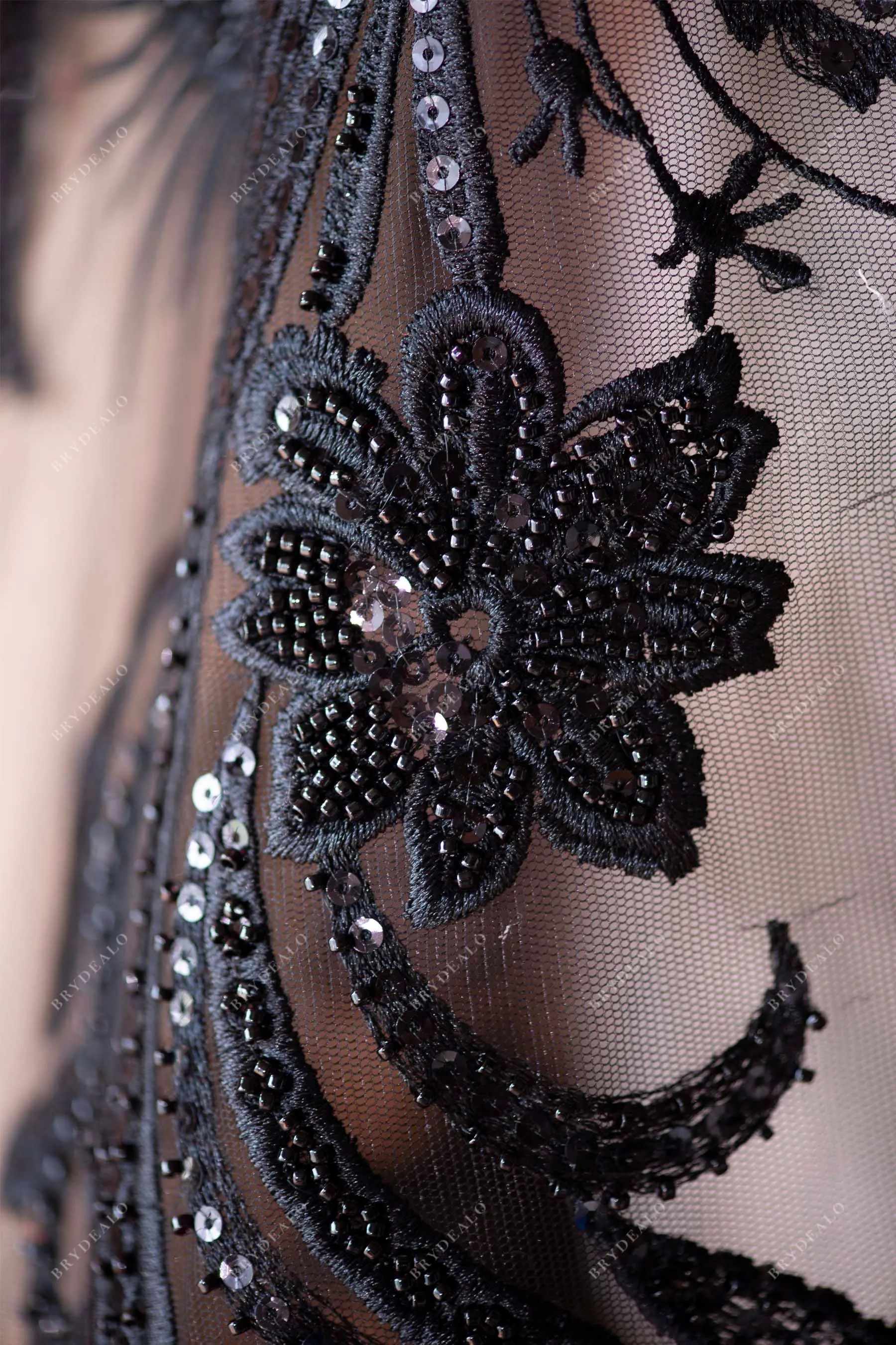 Designer Black Beaded Botanic Lace Fabric