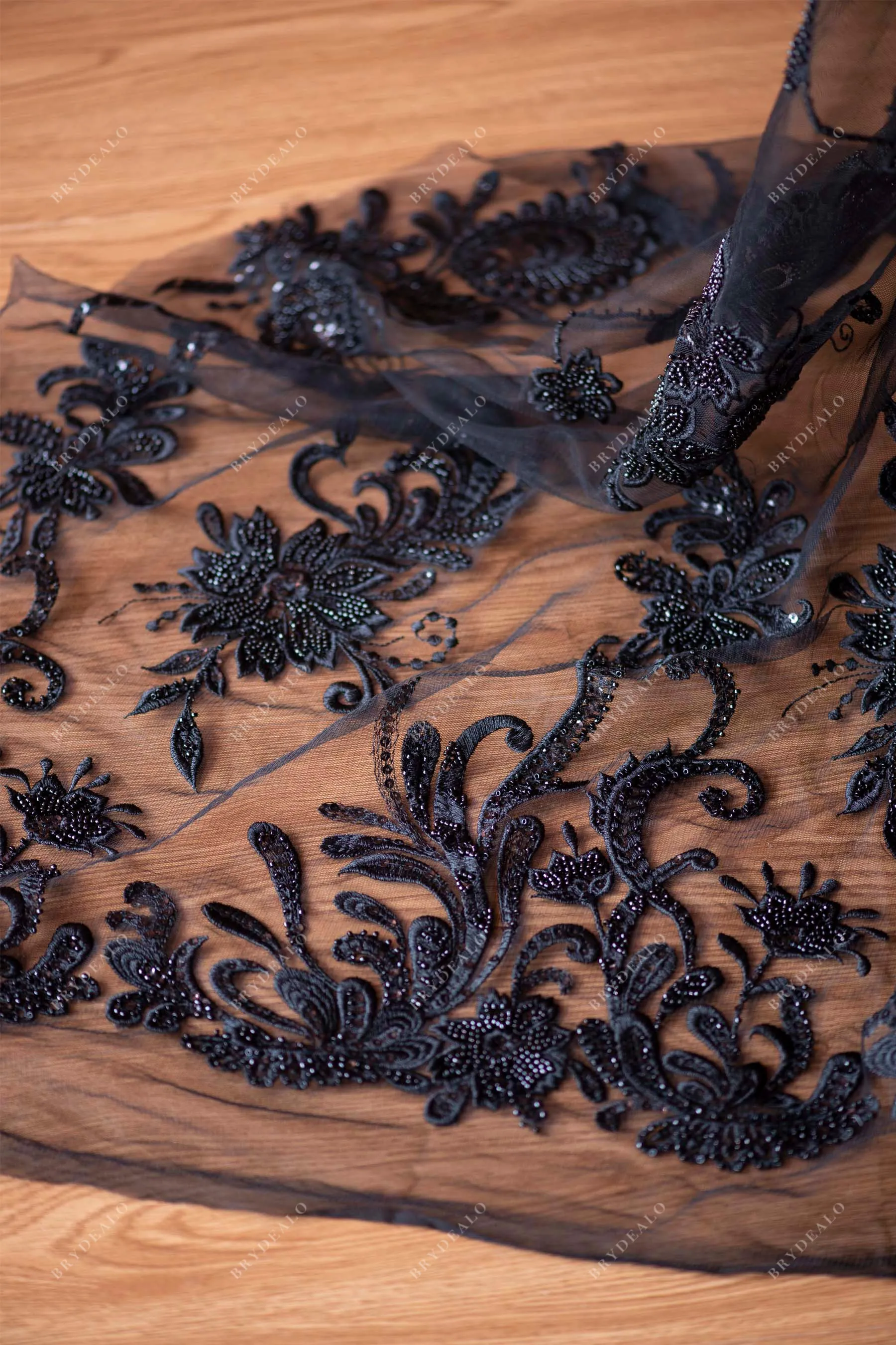 Designer Black Beaded Botanic Lace Fabric