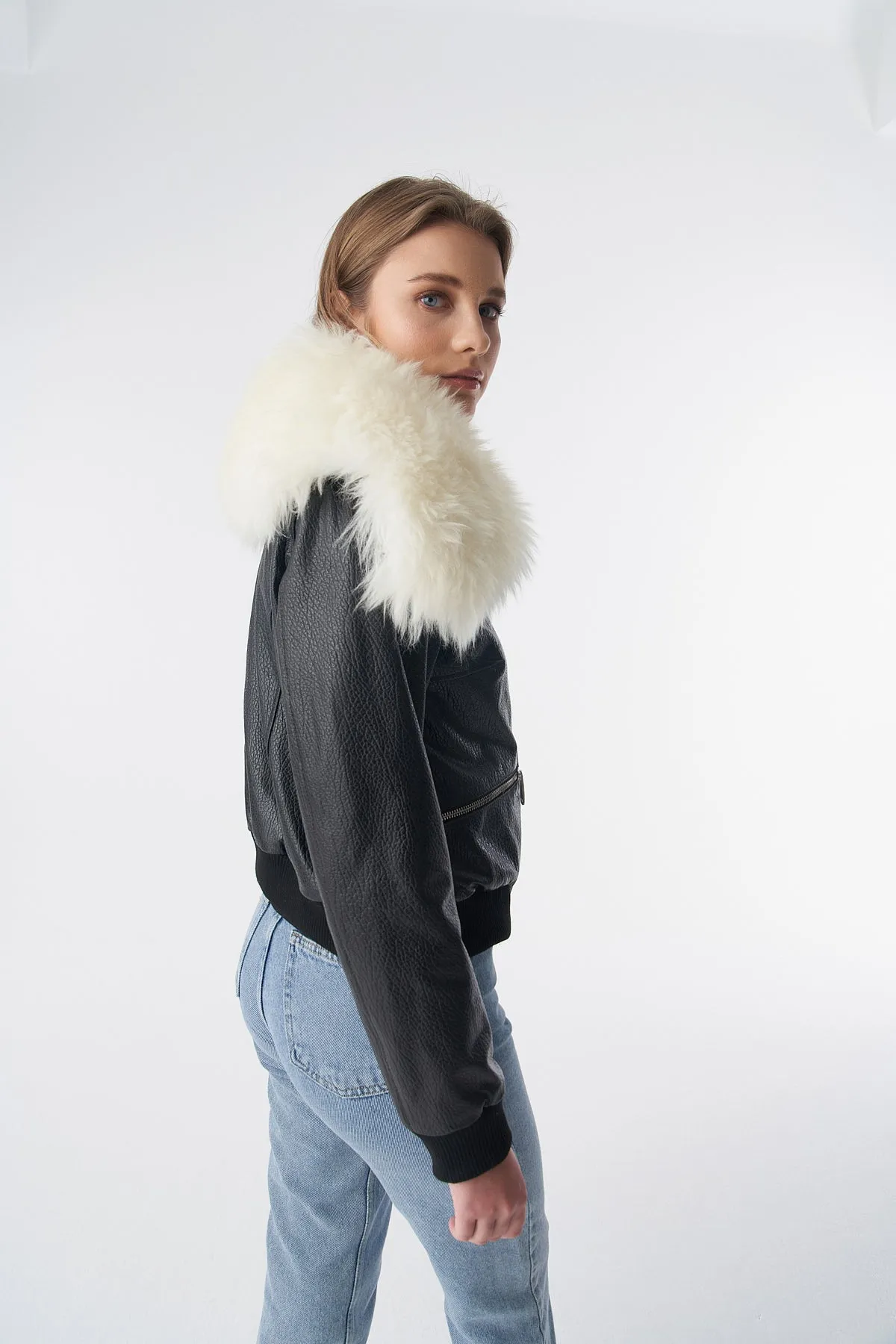 Detachable Natural Shearling Collar Bomber Jacket, Natural Grain Black