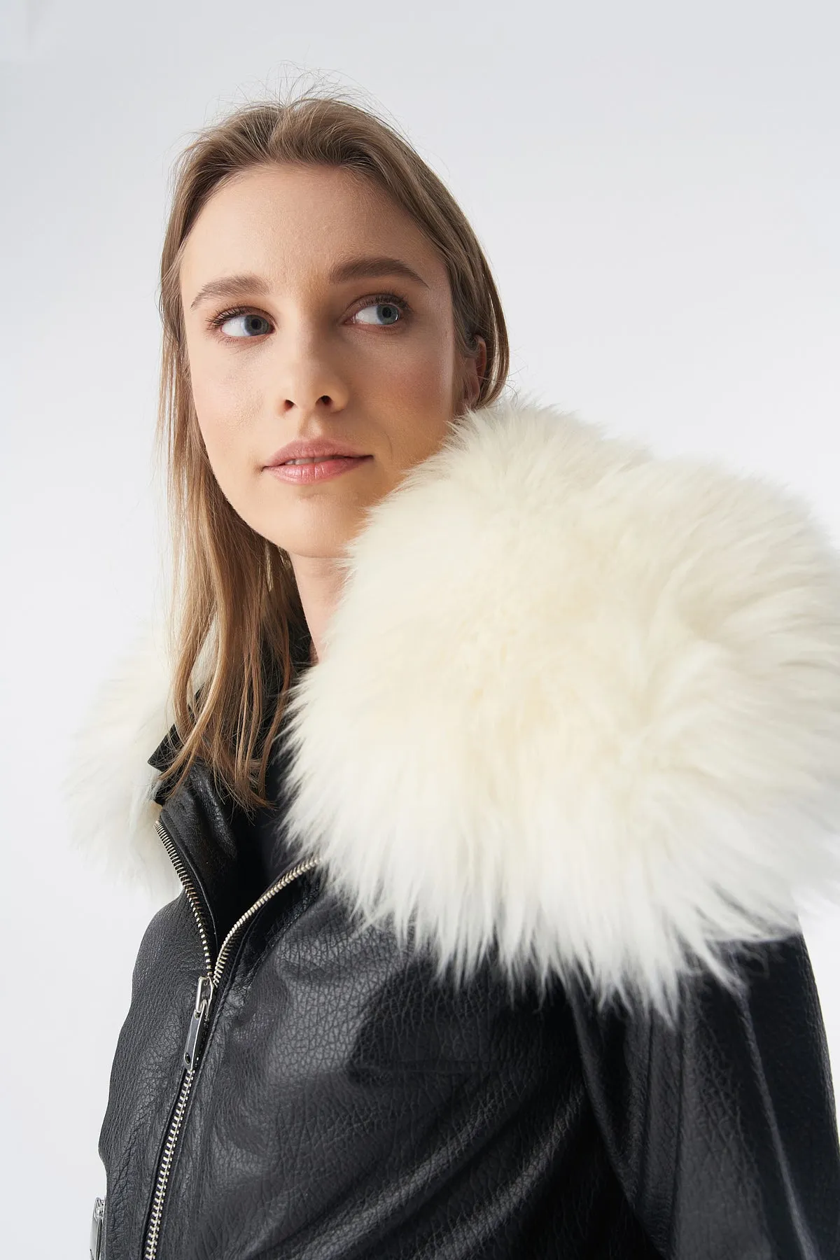 Detachable Natural Shearling Collar Bomber Jacket, Natural Grain Black