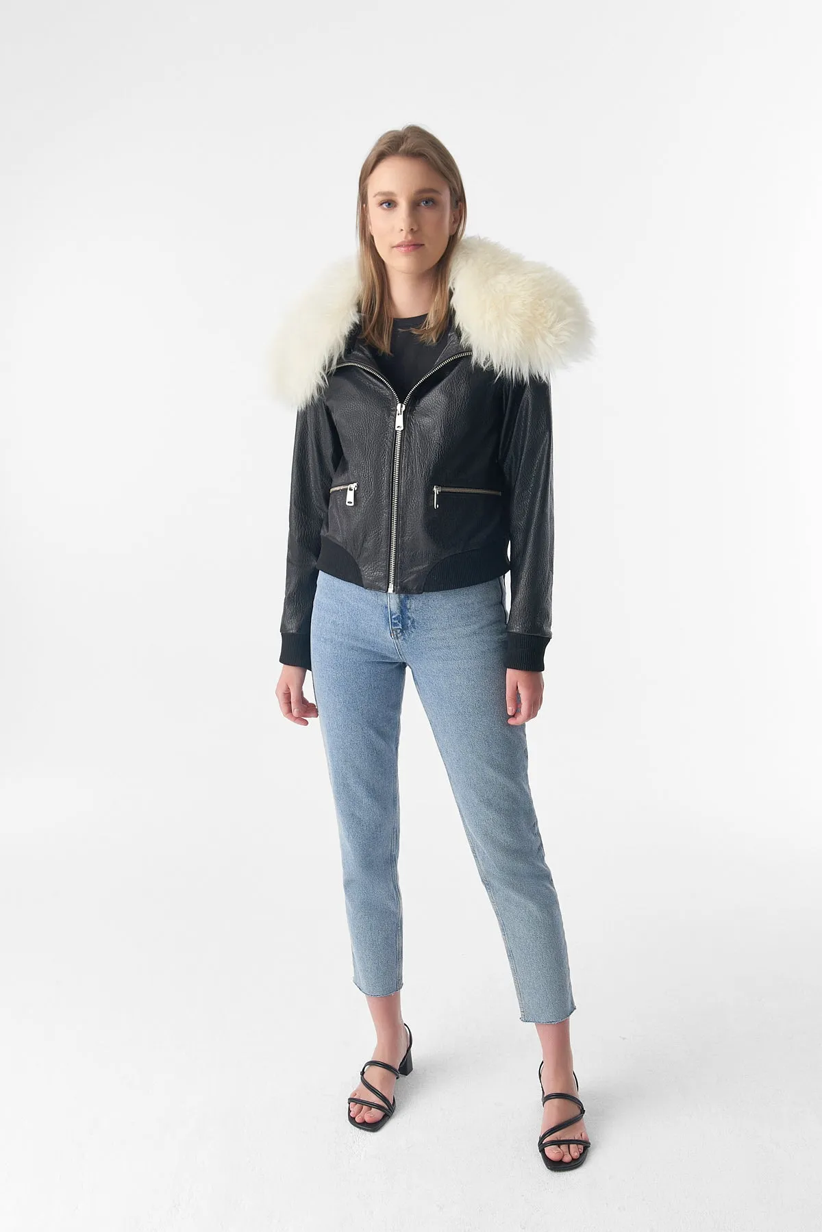 Detachable Natural Shearling Collar Bomber Jacket, Natural Grain Black