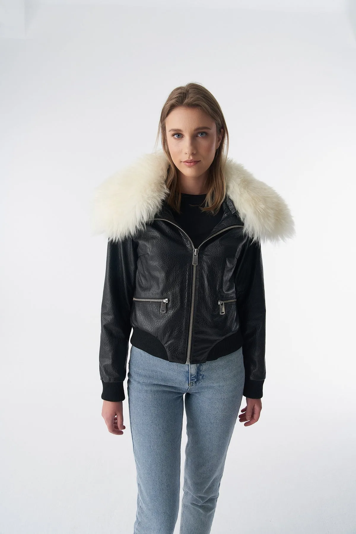 Detachable Natural Shearling Collar Bomber Jacket, Natural Grain Black