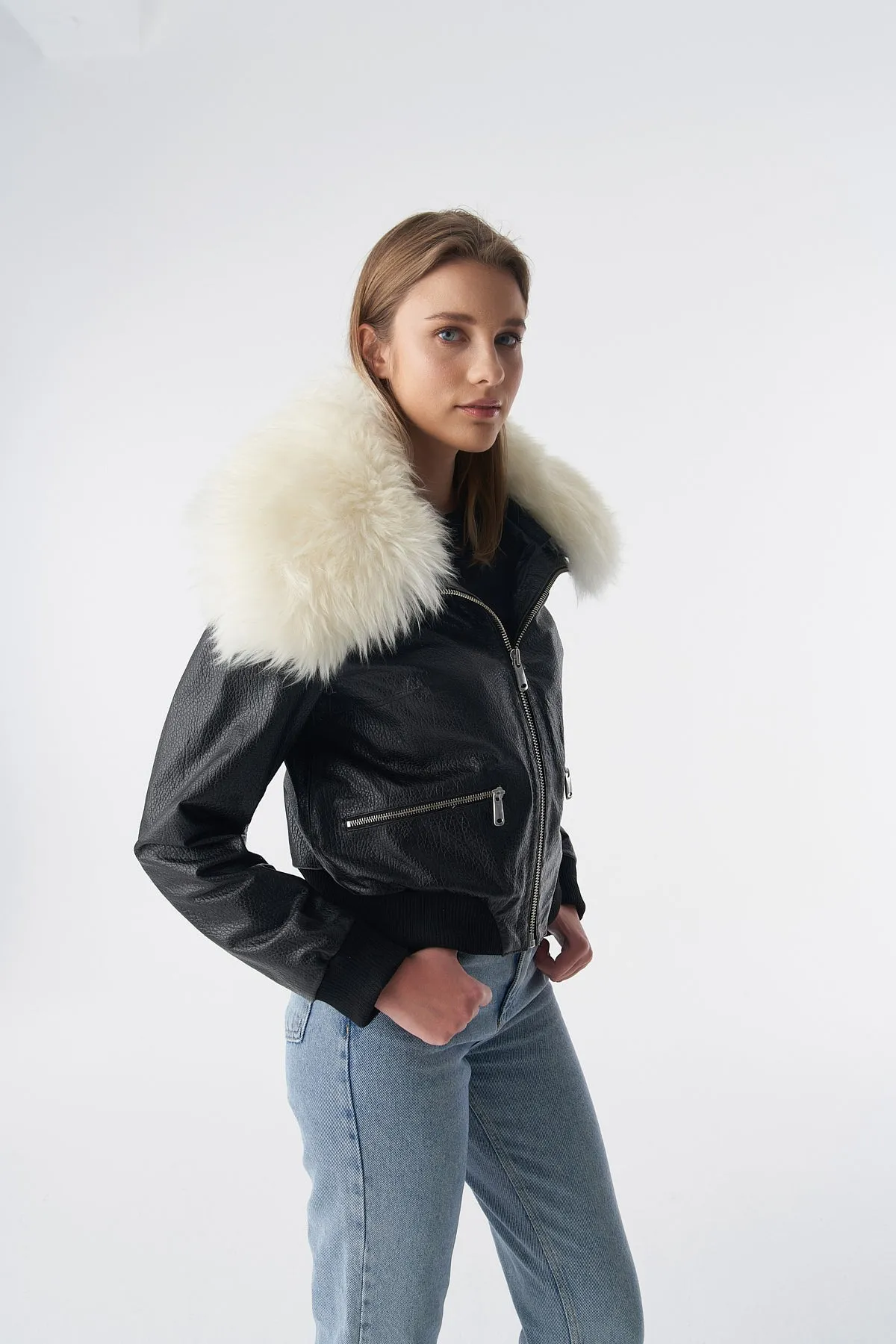 Detachable Natural Shearling Collar Bomber Jacket, Natural Grain Black