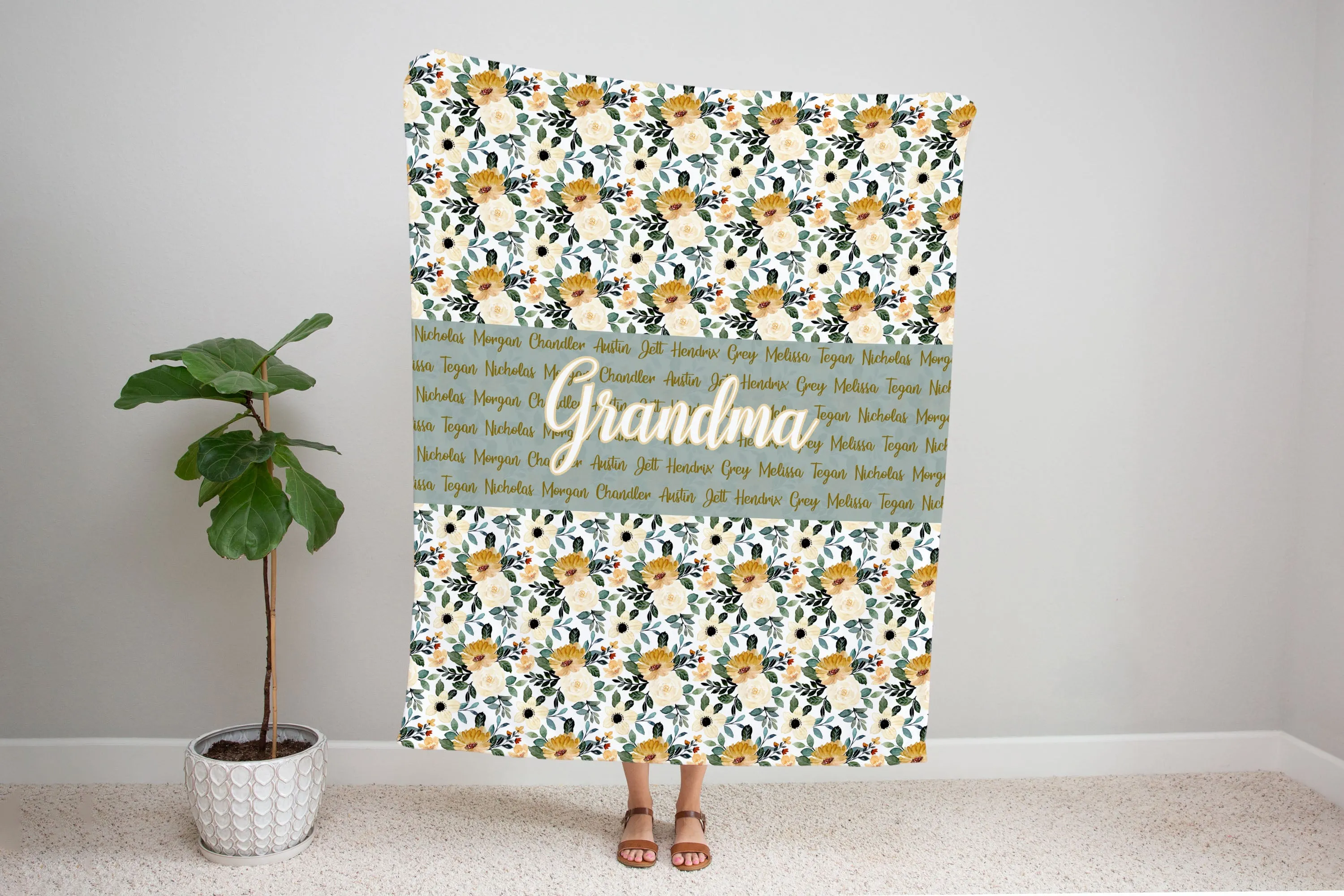 Family Name Minky Blanket - Mustard Cream Floral *2 Layer