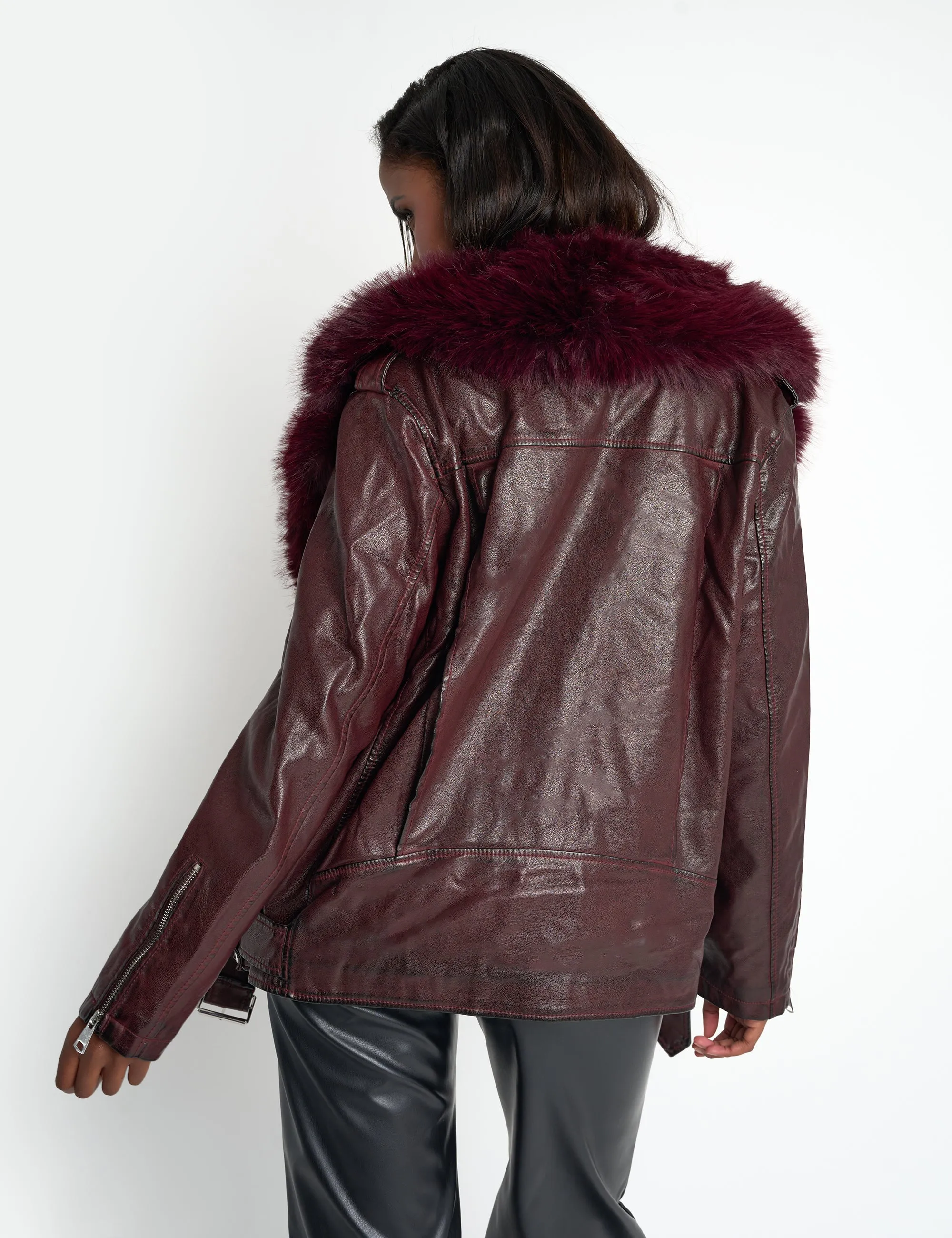 Faux Fur Trim Aviator Jacket Burgundy