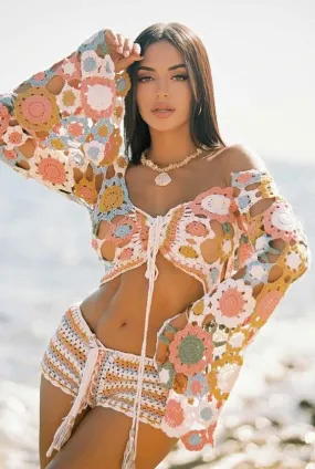 Flower Crochet Bambi Crop Top & Shorts Set Bell Sleeves Top  Striped Shorts Both With Lace Up Front Festival Set Or Beach Wear Made From Hand Crocheted Doily Flowers Small Medium Or Large