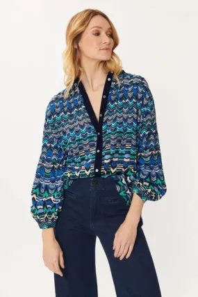 Geo Velvet Trim Top - Indigo