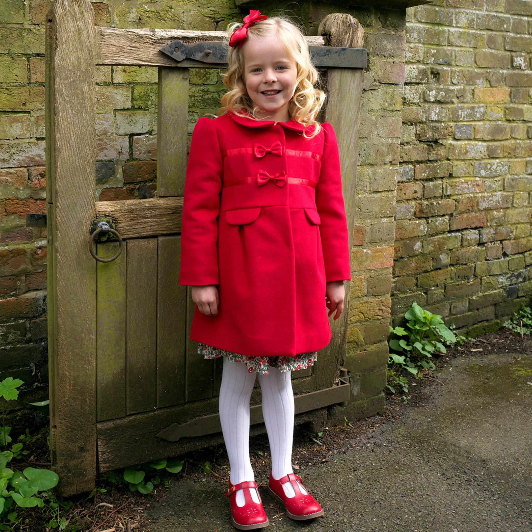 Girls Red Bow Trim Coat