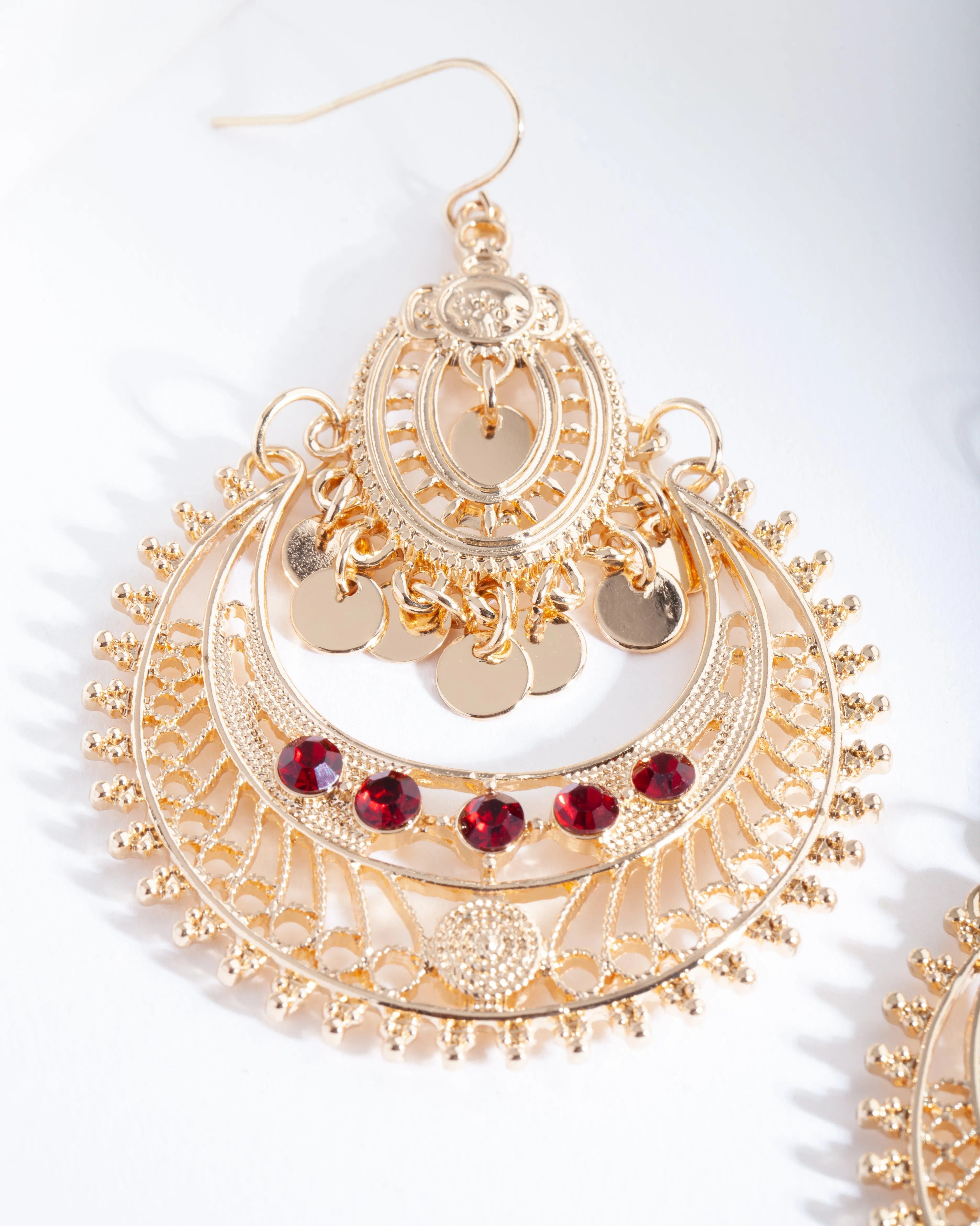 Gold Red Diamante Disc Earrings