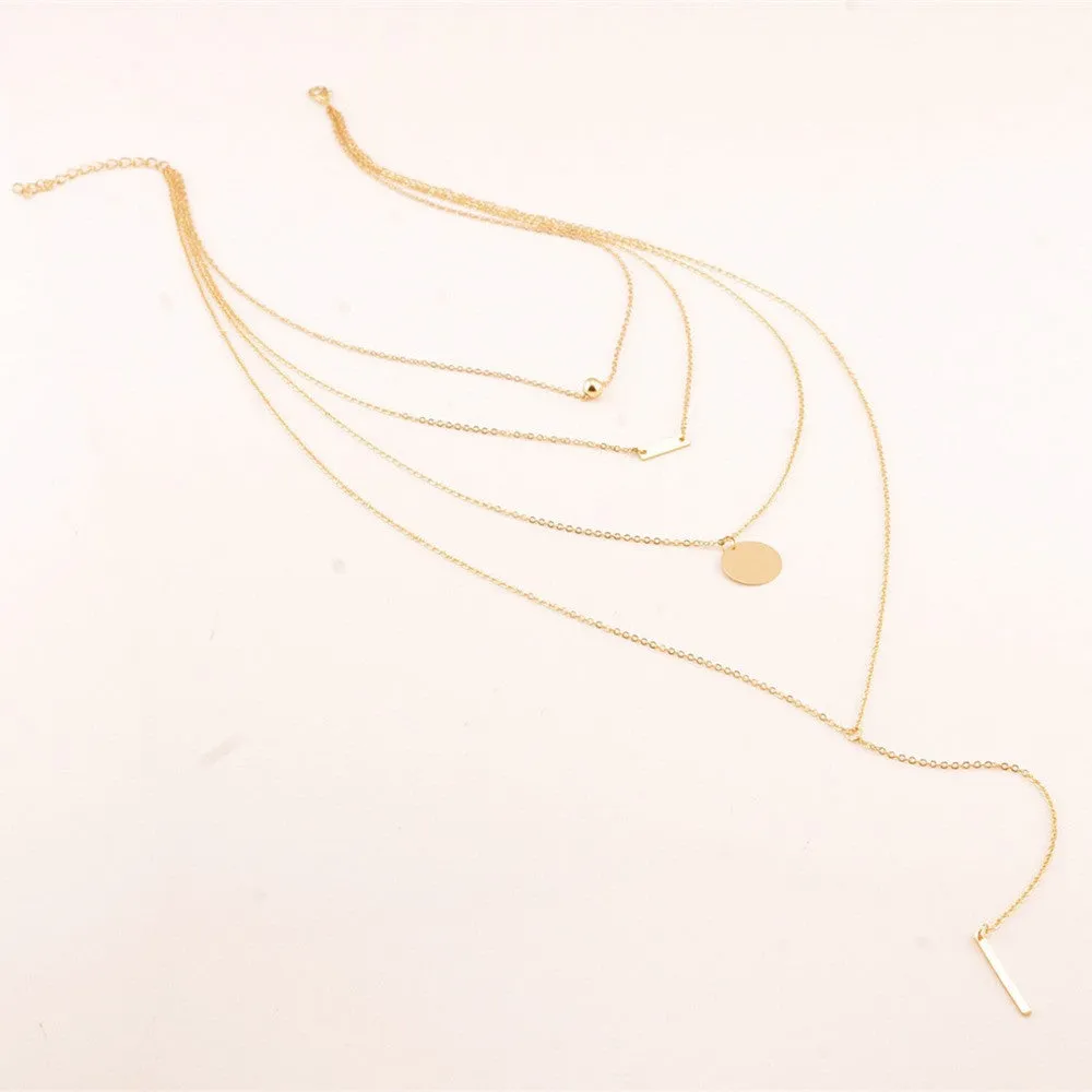 Gold Tone Multi-Layer Chain - Four Layer Simple Metal Long Necklaces & Pendants