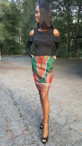 Green Dashiki Print Pencil Skirt-DP3378S