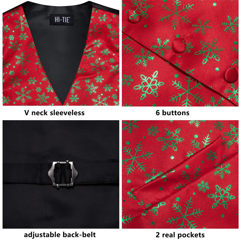 Hi-Tie Mens Waistcoat Red Green Snow Christmas Vest Necktie Set