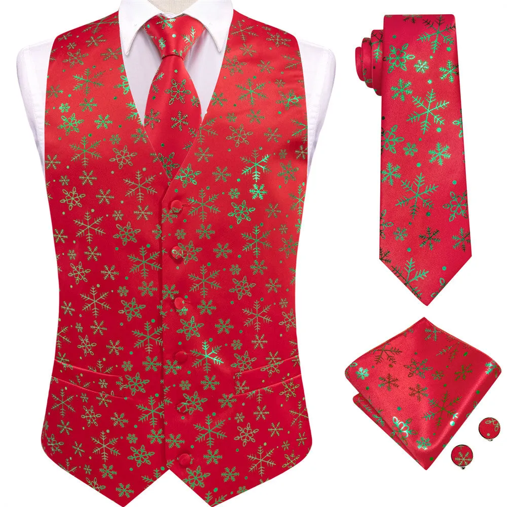 Hi-Tie Mens Waistcoat Red Green Snow Christmas Vest Necktie Set