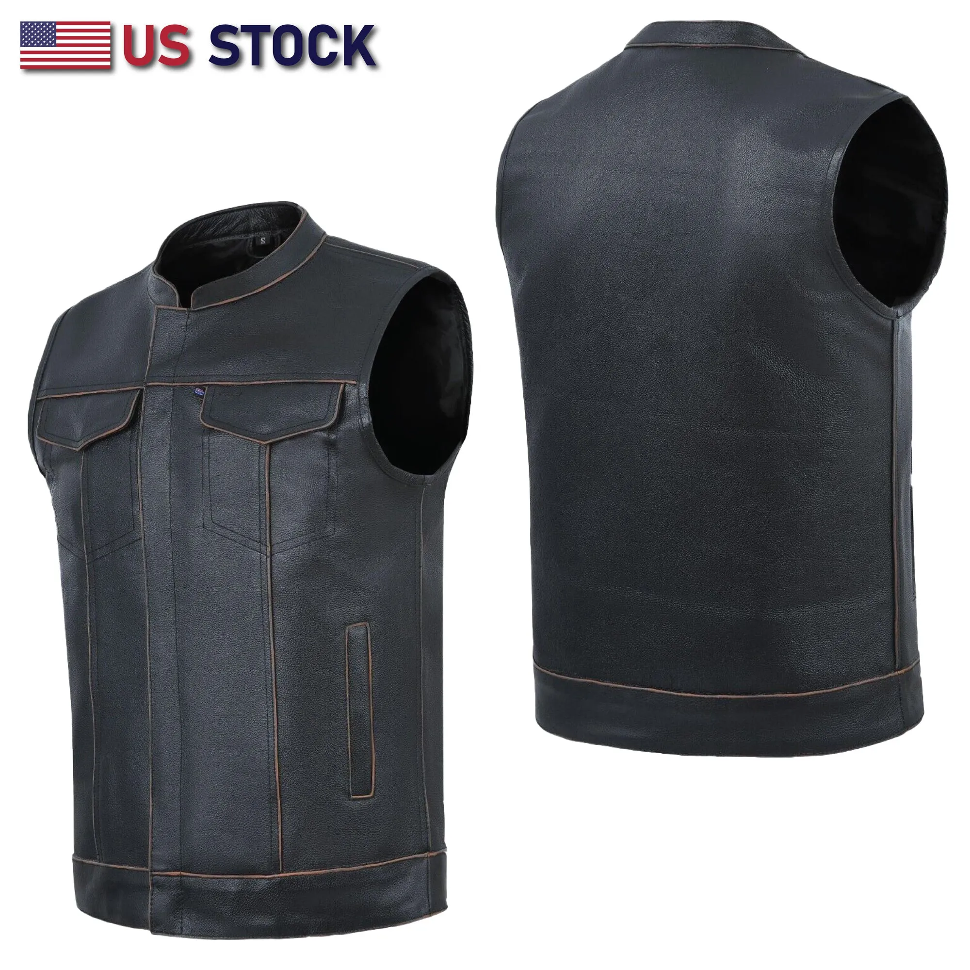 HL11689RB-BROWN RUB BUFF BROWN  Club Leather Motorcycle Vest Men