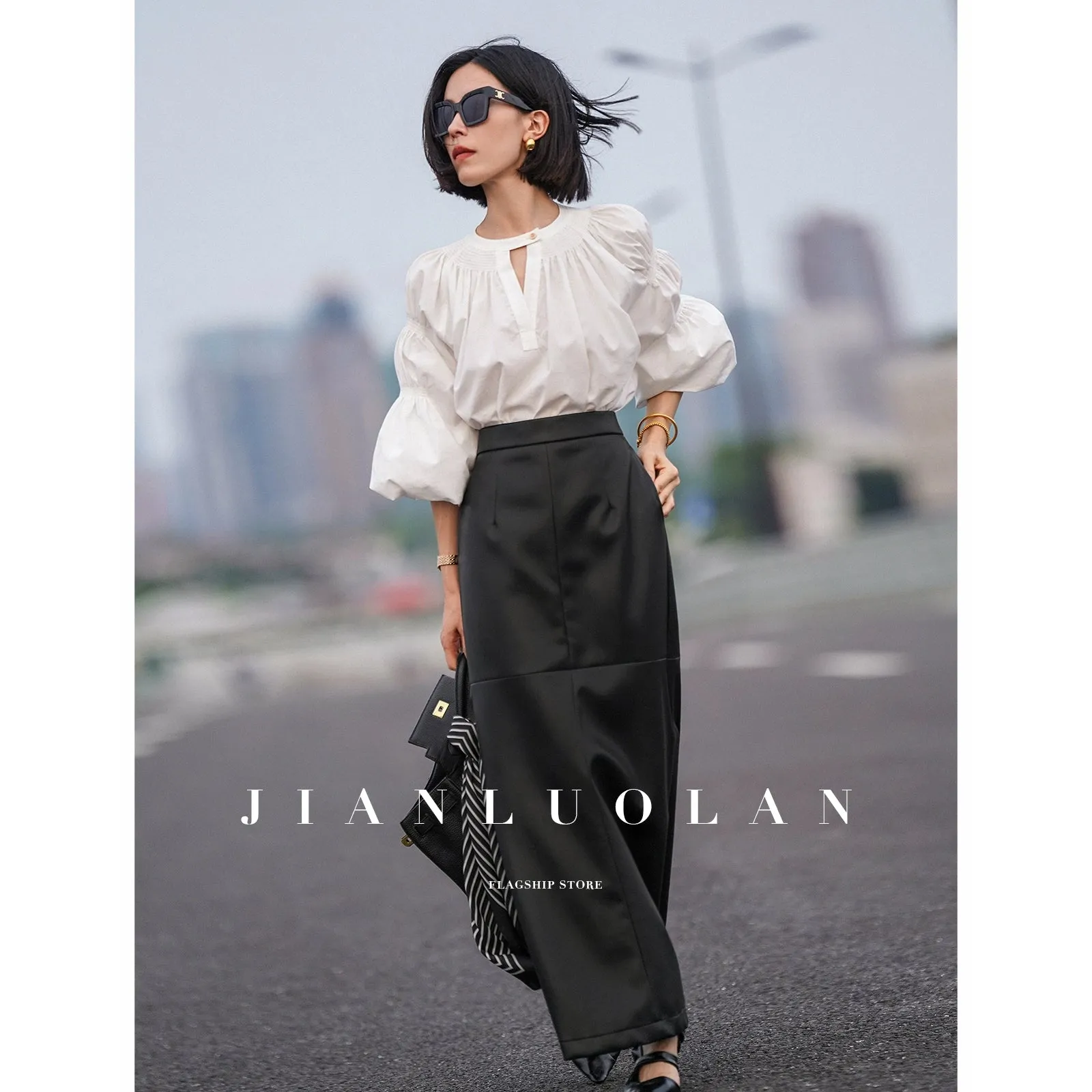 Huanzi customized loose slit midi black skirt - Swan