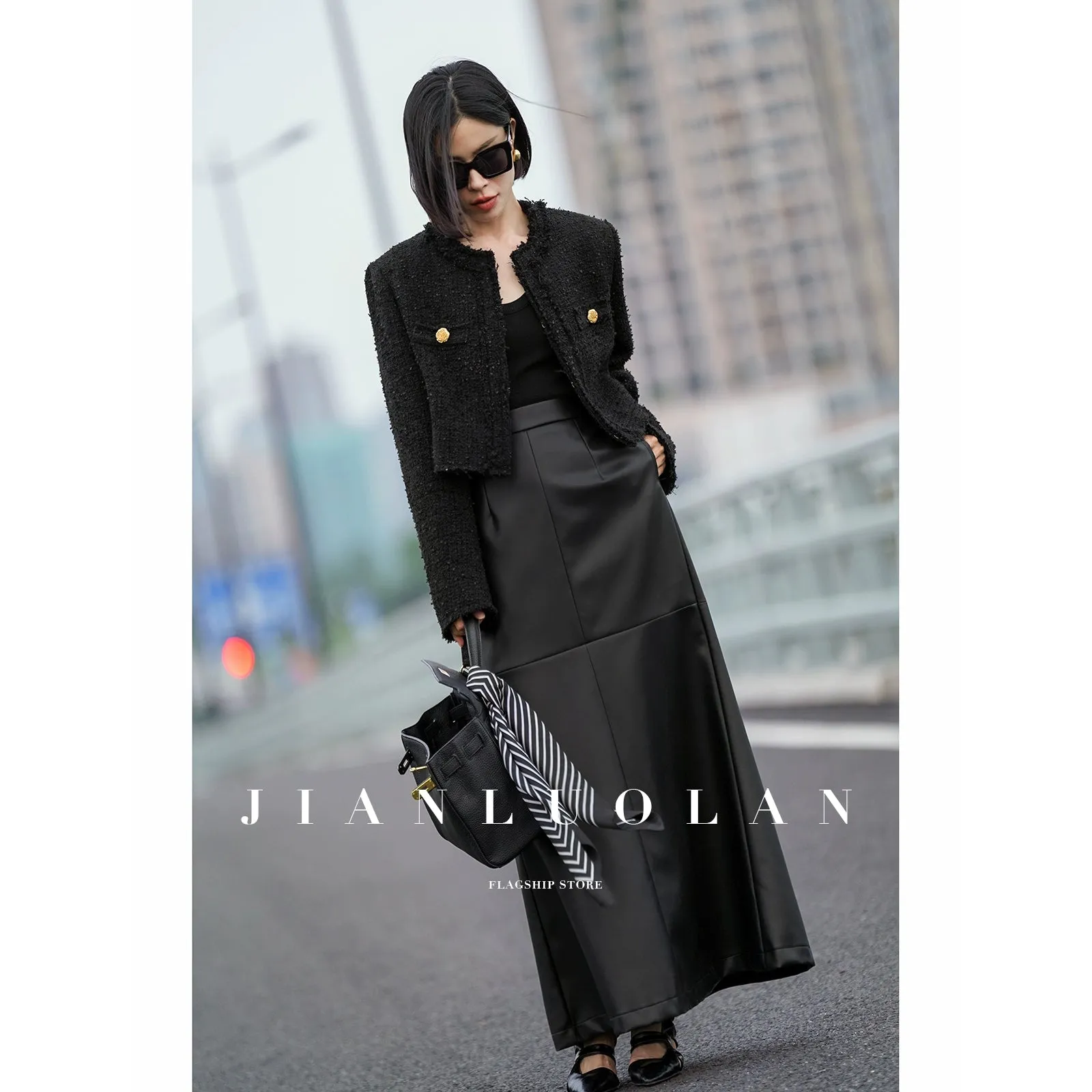 Huanzi customized loose slit midi black skirt - Swan