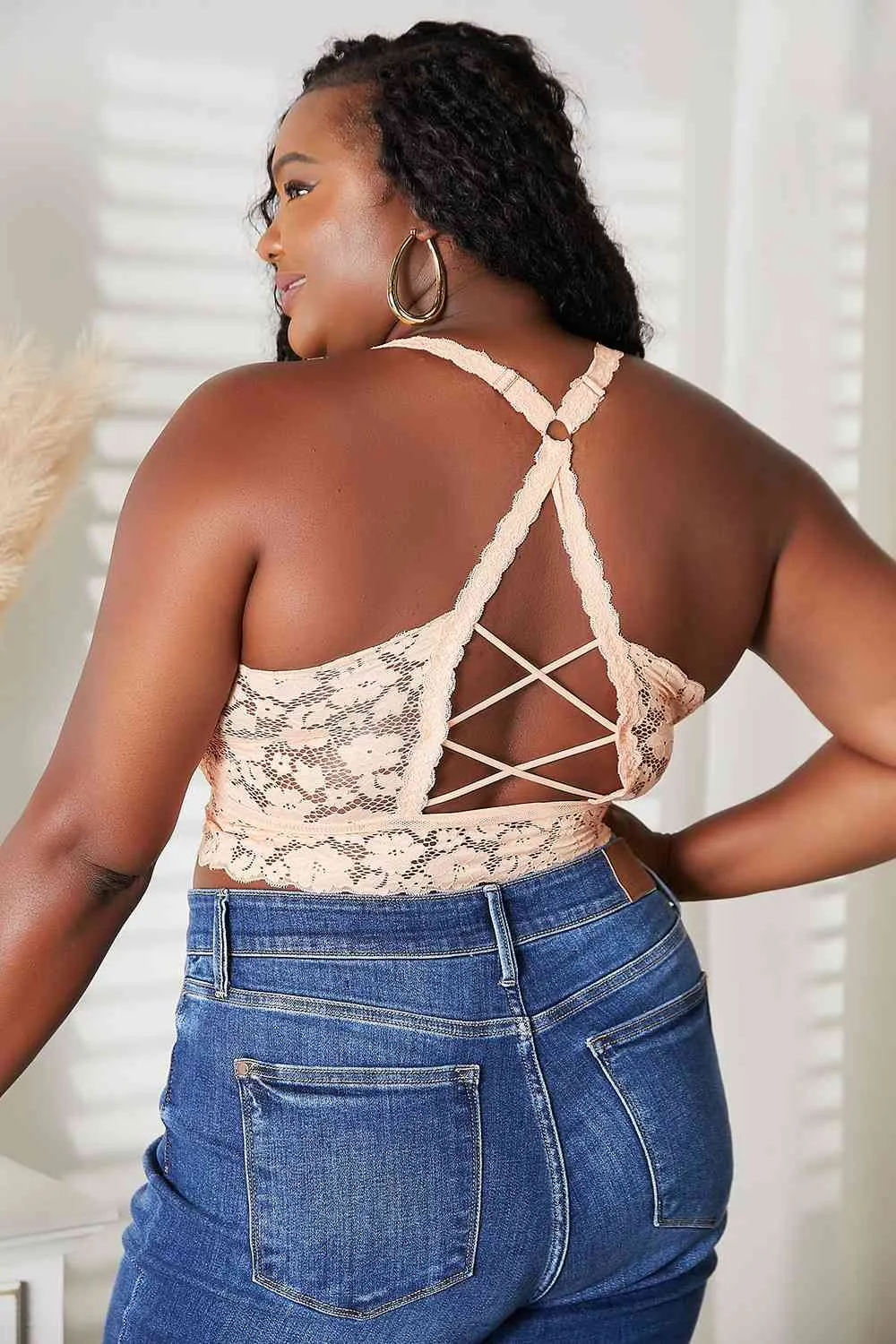 JadyK Juliette Crisscross Back Lace Bralette in Light Apricot