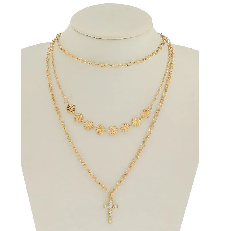 JAN45331 - Rhinestone Cross & Daisy Layered Chain Necklace