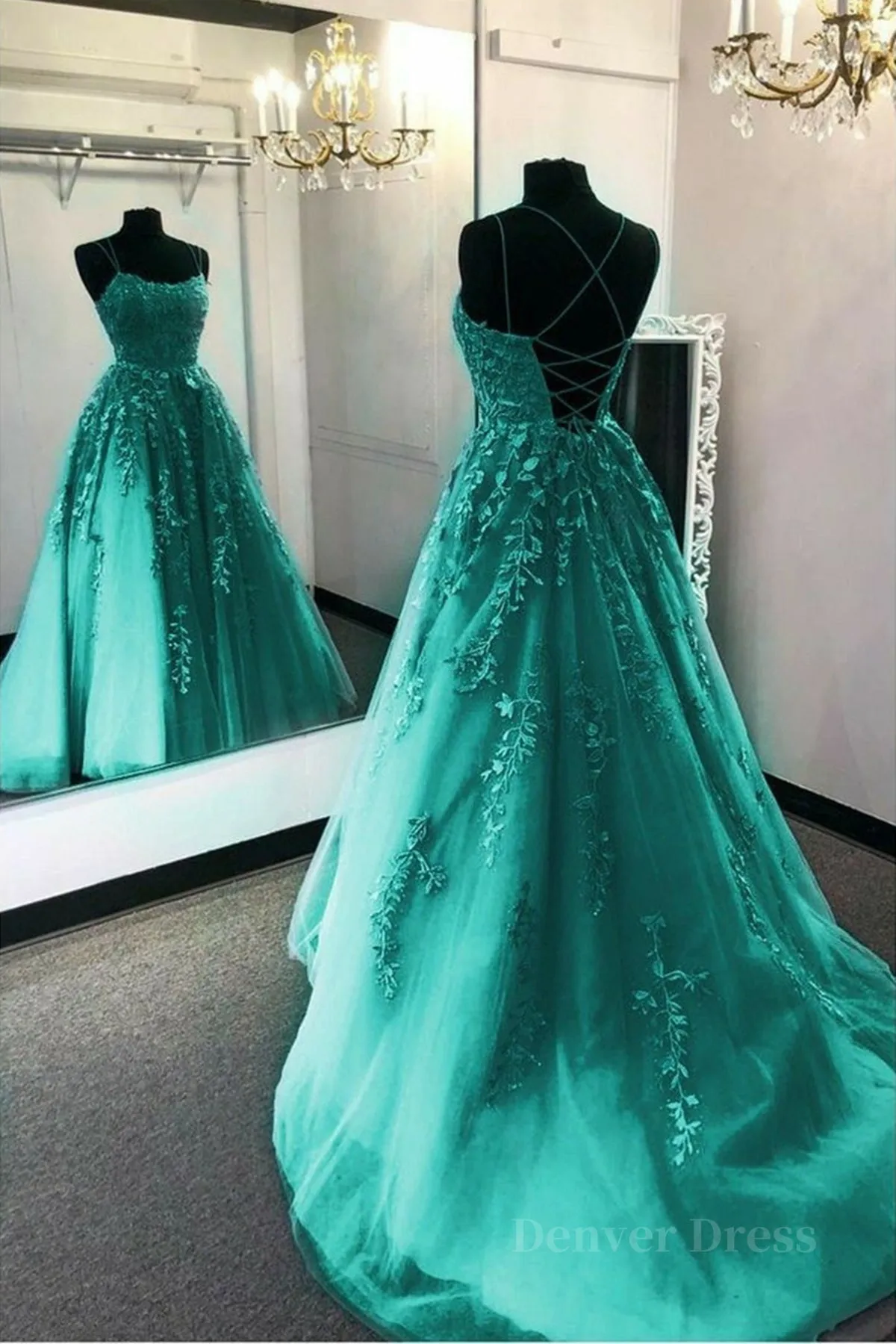 kamahe Fashion Green Lace Appliques Open Back Tulle Long Prom Dresses, Green Lace Formal Dresses, Green Evening Dresses