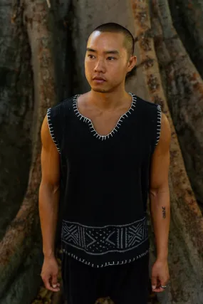 KAURI Black Mens Sleeveless Tank Top Handmade Muscle Gypsy Earthy Shirt, Tribal Jungle Natural Savage Festival Rave AJJAYA Nomadic Primitive