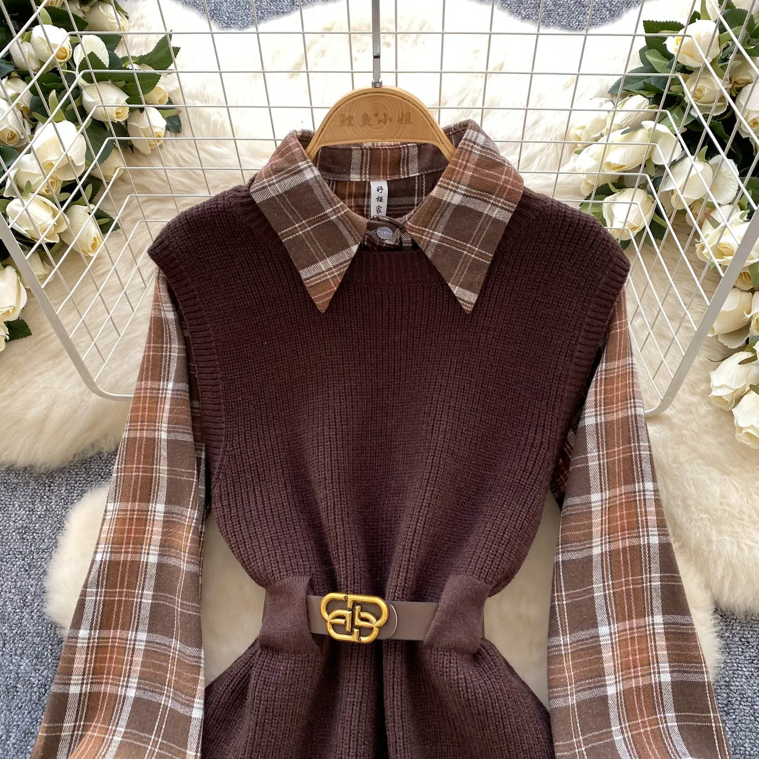 Knitted Vest & Plaid Shirt Dress 2Pcs