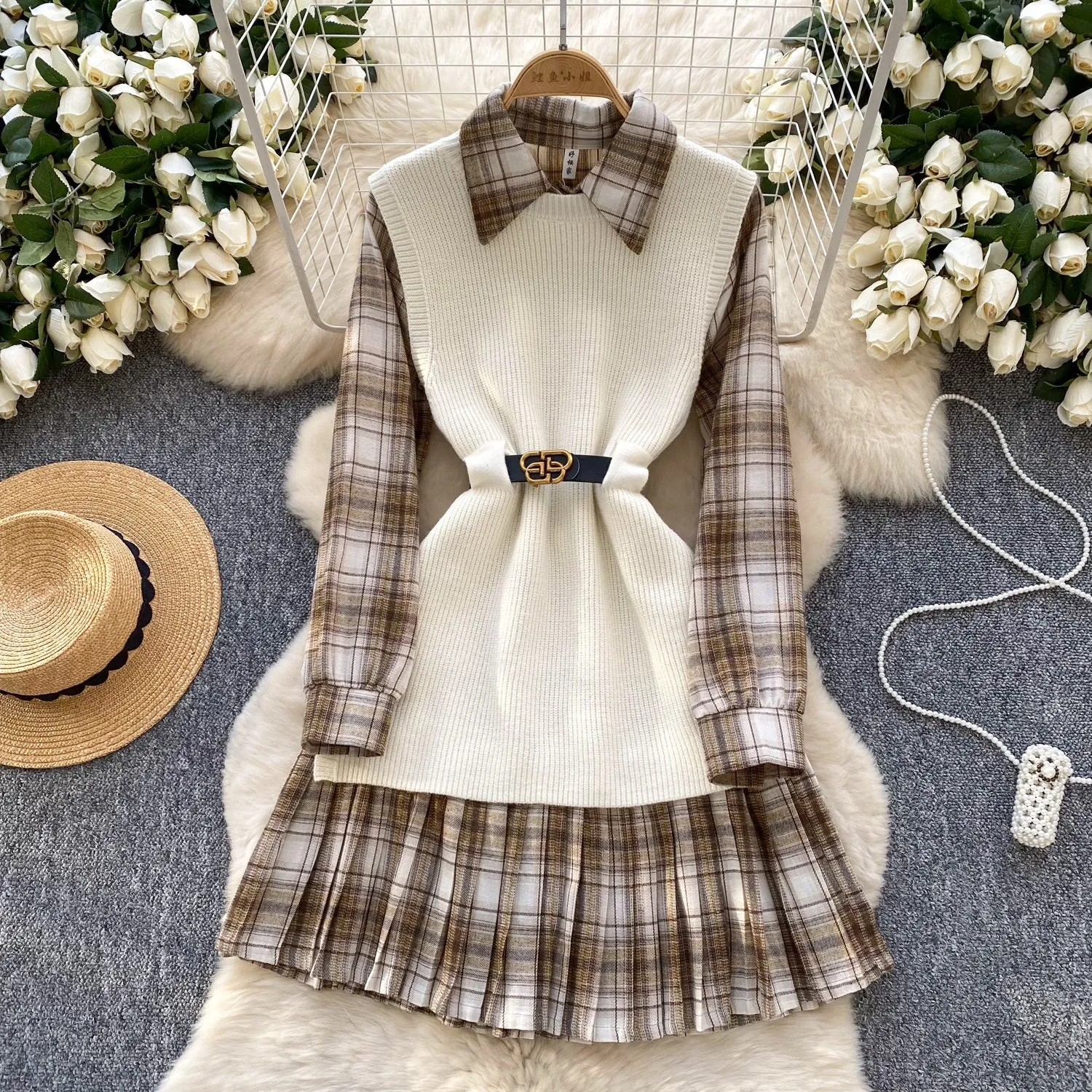 Knitted Vest & Plaid Shirt Dress 2Pcs