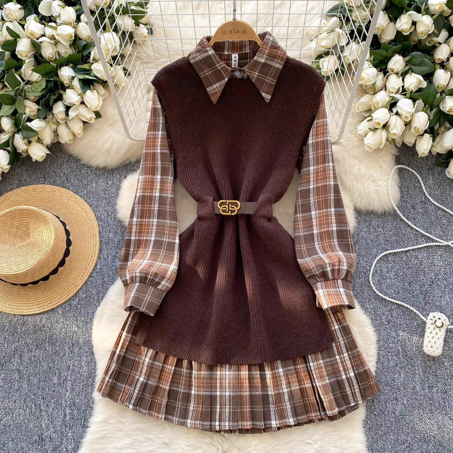 Knitted Vest & Plaid Shirt Dress 2Pcs