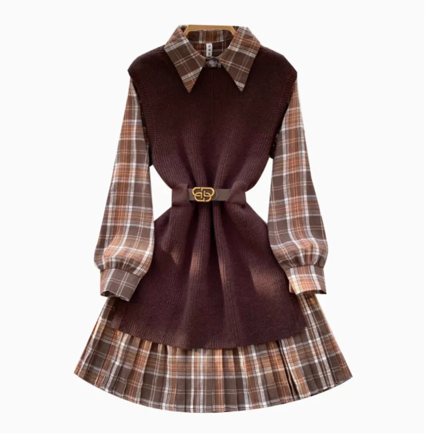 Knitted Vest & Plaid Shirt Dress 2Pcs