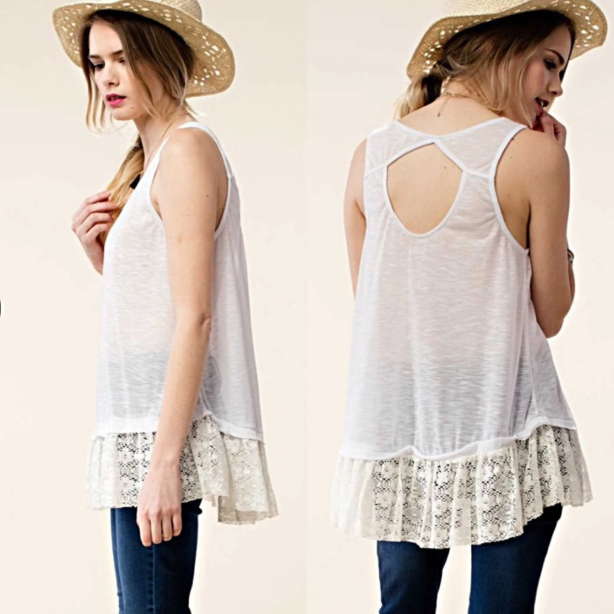 Kori America Off White Lace Ruffled Lace Tank Top-Extender