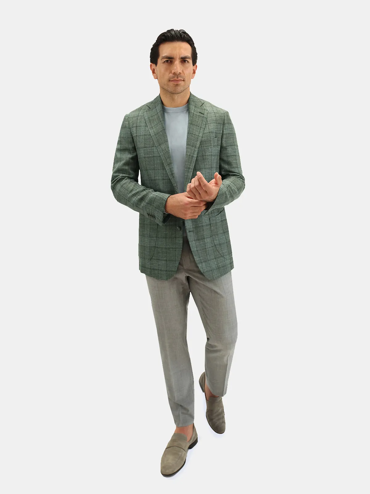 Lago Blazer Wool Silk & Linen Check Mid Green