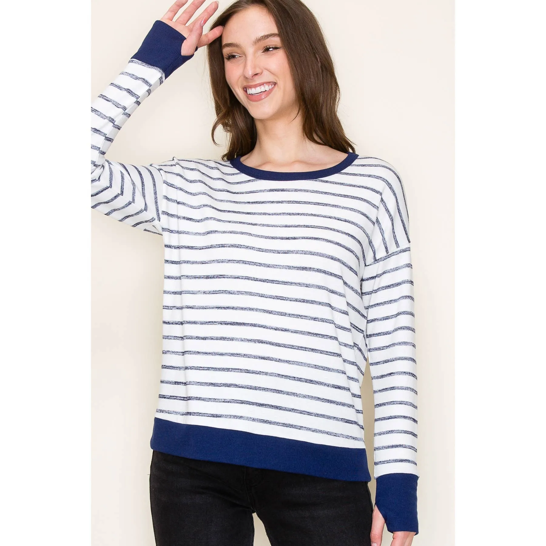 Lara Long Sleeve Thumbhole Cuffs Striped Top