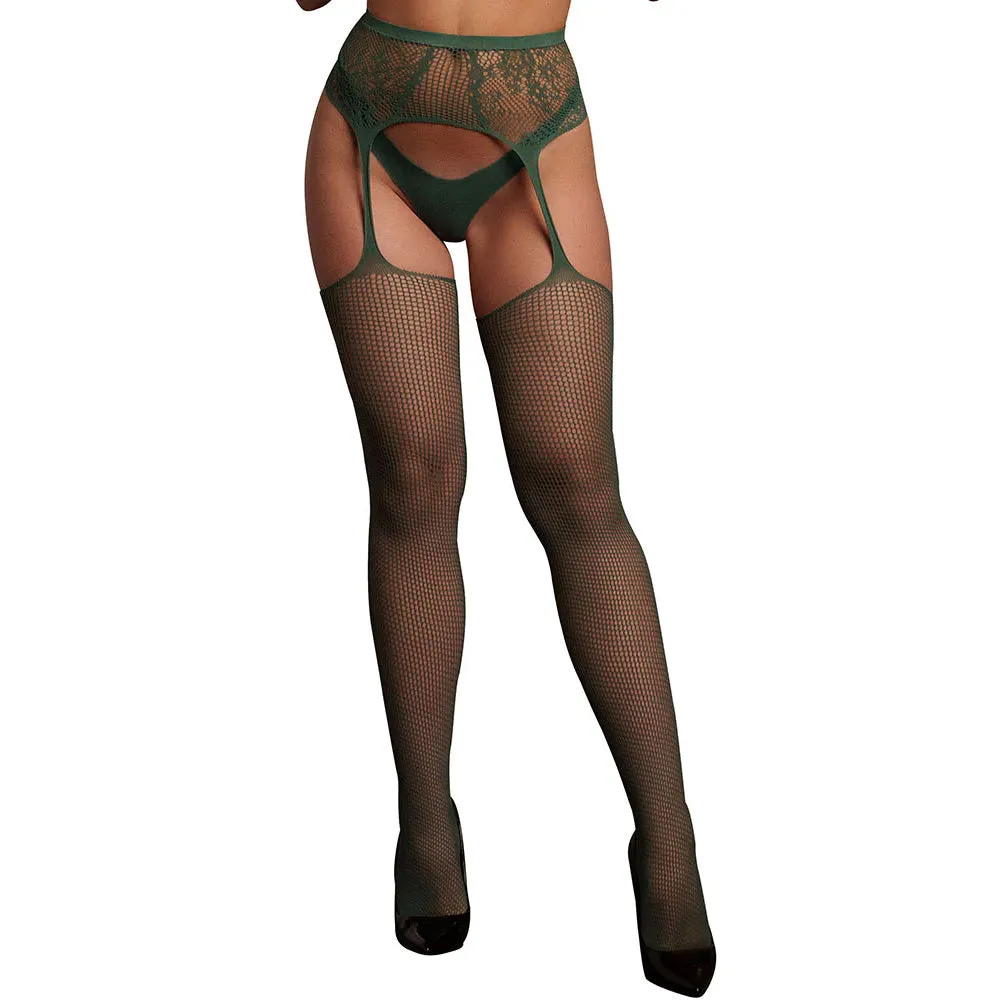 Le Désir Green Fishnet & Lace Garter Belt Combo