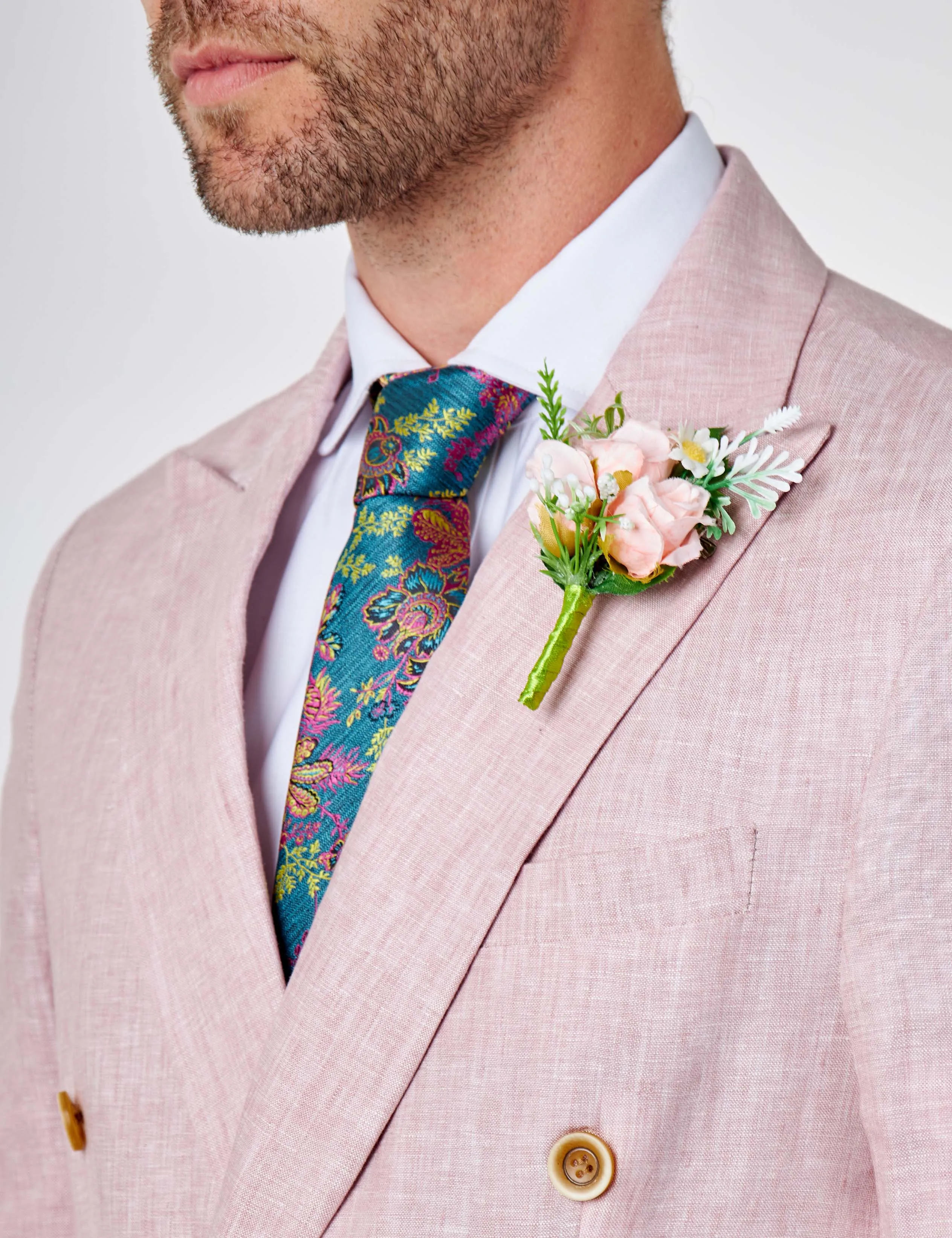 LEWIS - Tailored Fit Pink Linen Double Breasted Suit Jacket