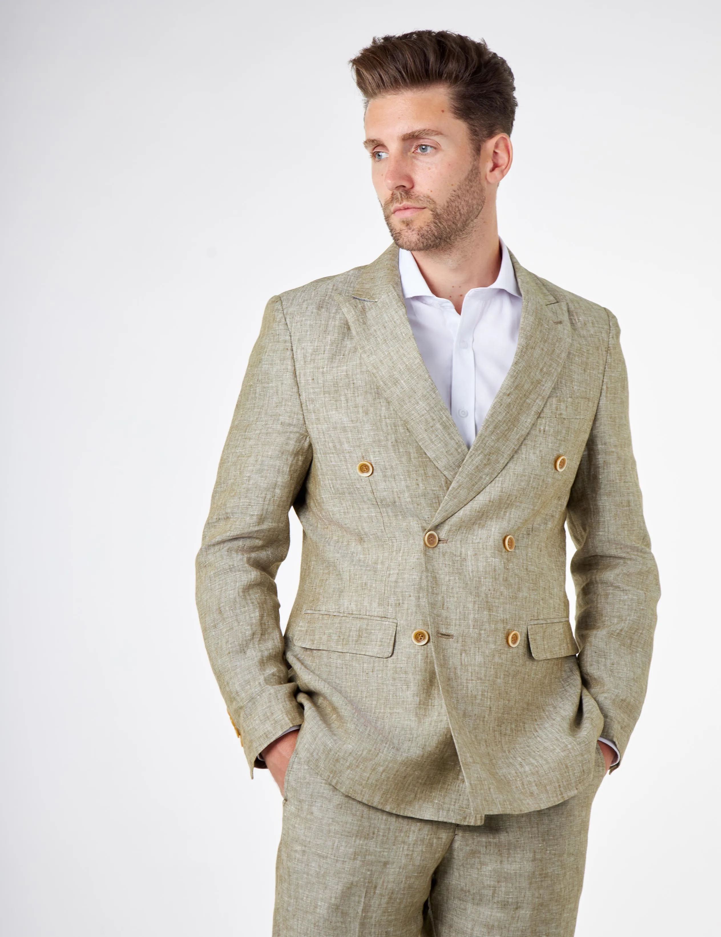 LEWIS - Tailored Fit Sage Green Linen Double Breasted Jacket