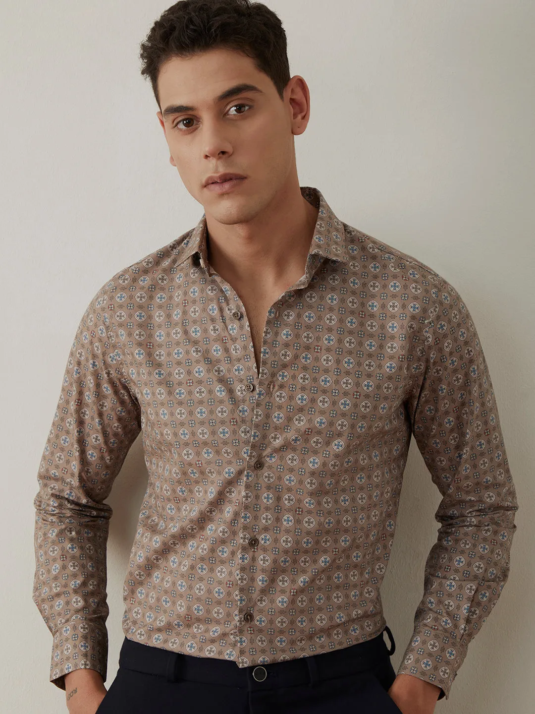 Light Brown Printed Cotton Shirt