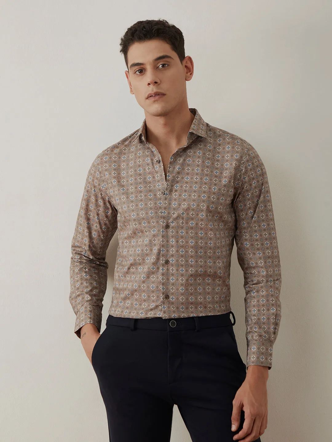 Light Brown Printed Cotton Shirt