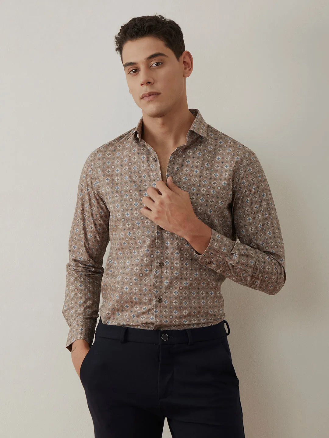 Light Brown Printed Cotton Shirt