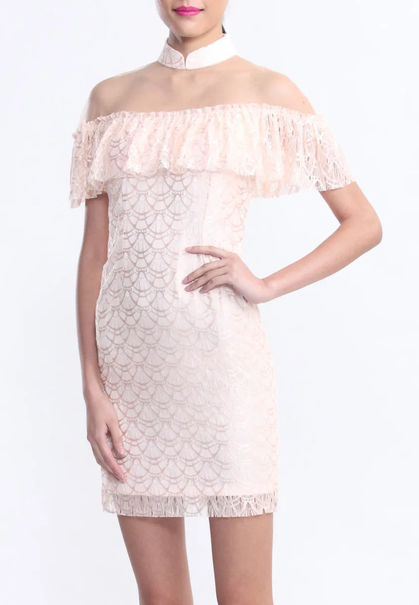 Light Pink Lace Ruffles Bardot Qipao