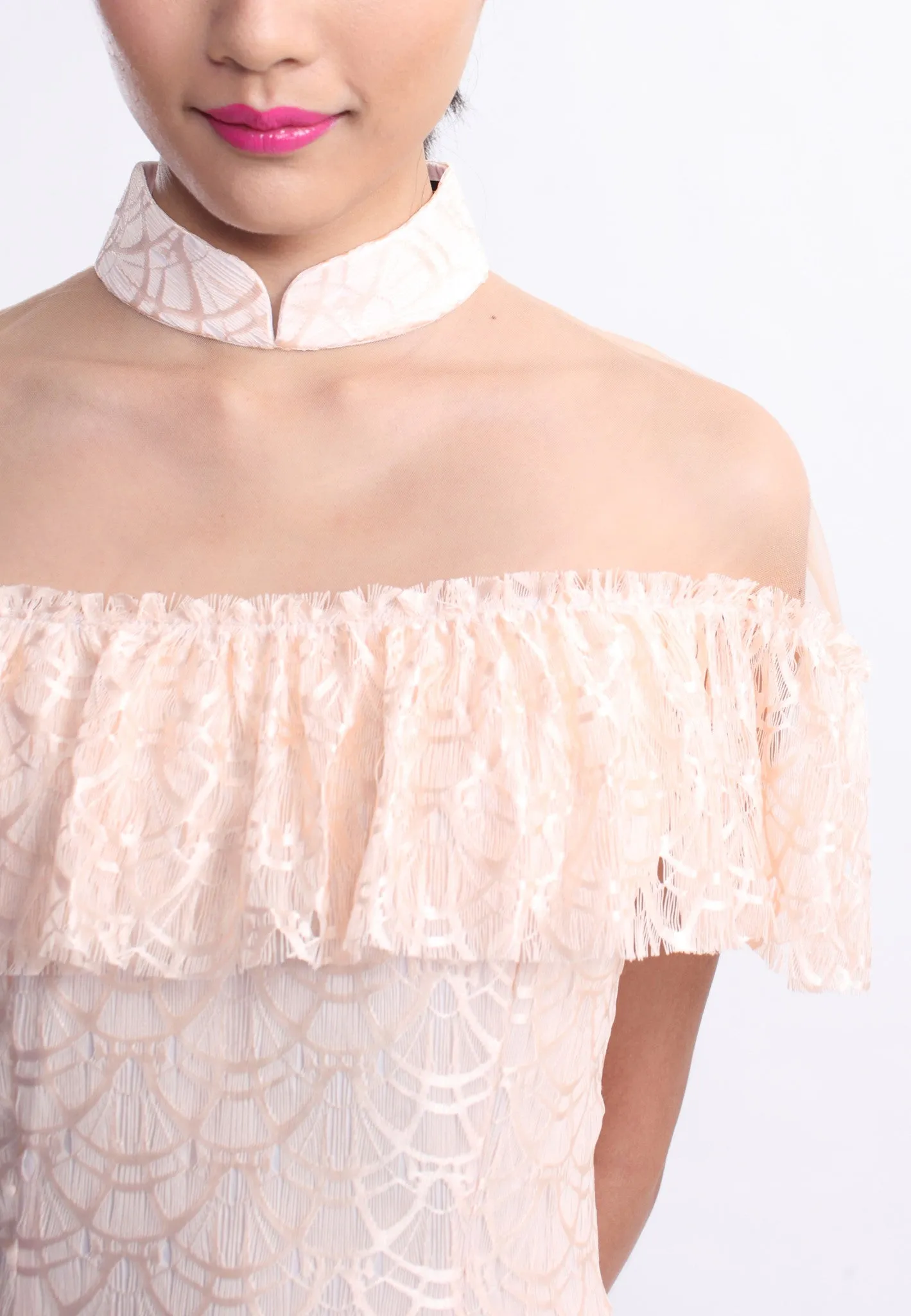 Light Pink Lace Ruffles Bardot Qipao