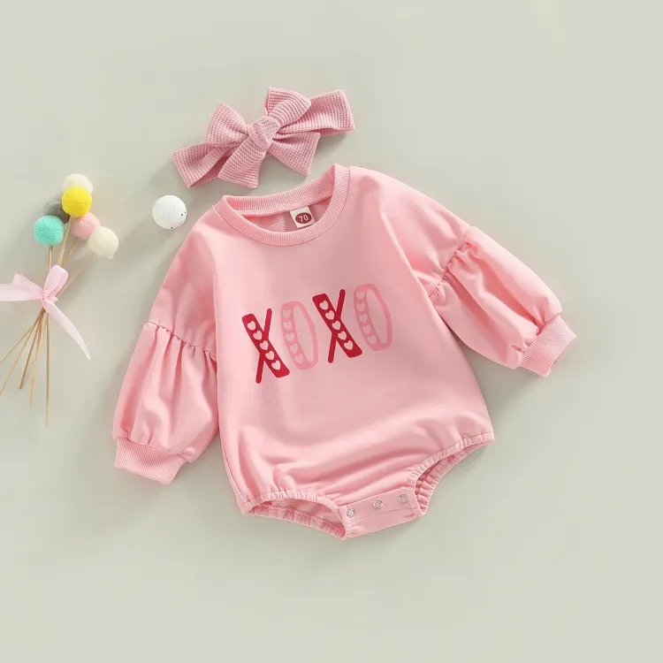 Long Sleeve Pink Hearts Valentines Baby Bodysuit