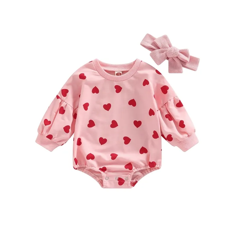 Long Sleeve Pink Hearts Valentines Baby Bodysuit