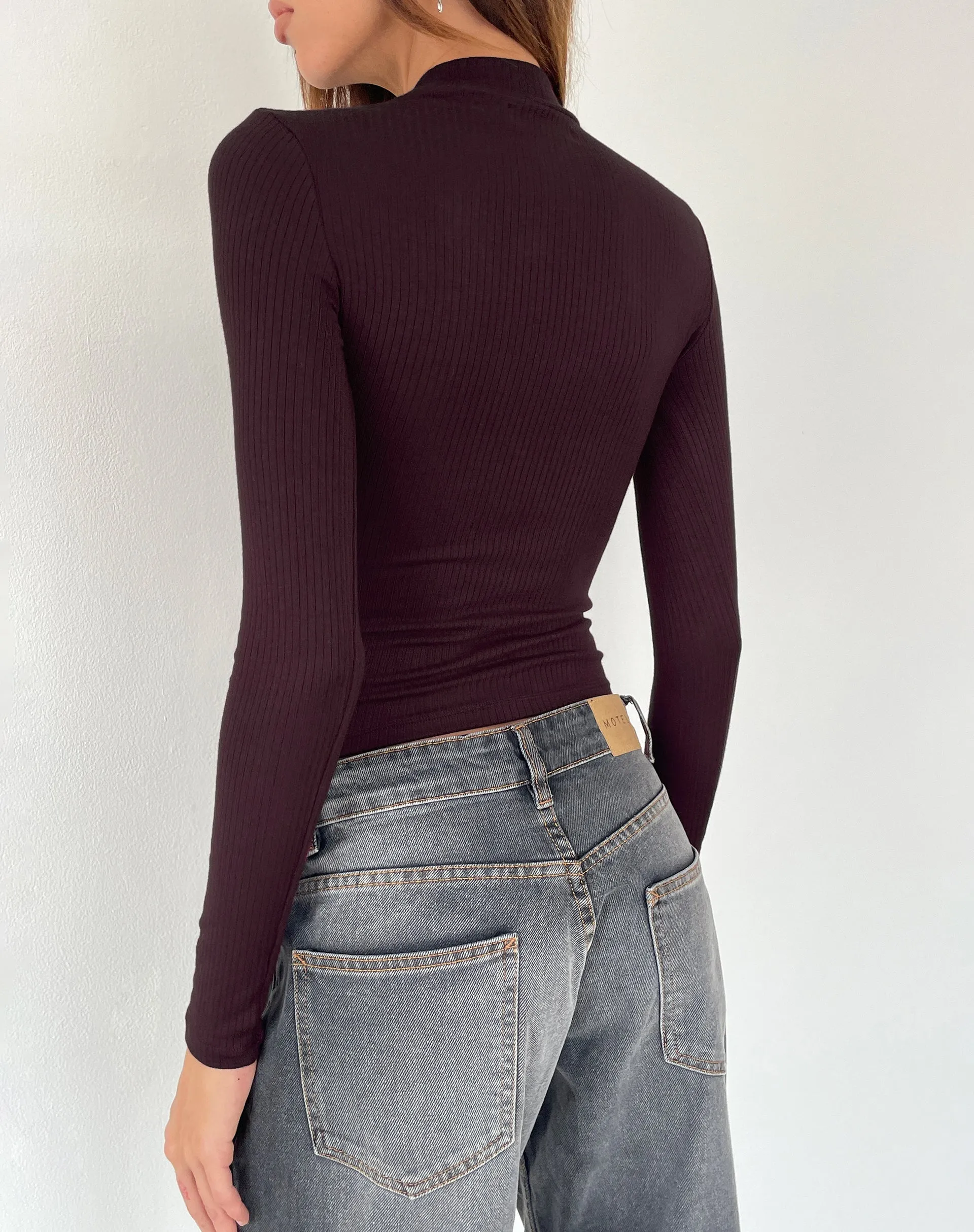 Mabel High-Neck Long Sleeve Ribbed Top in Oxblood