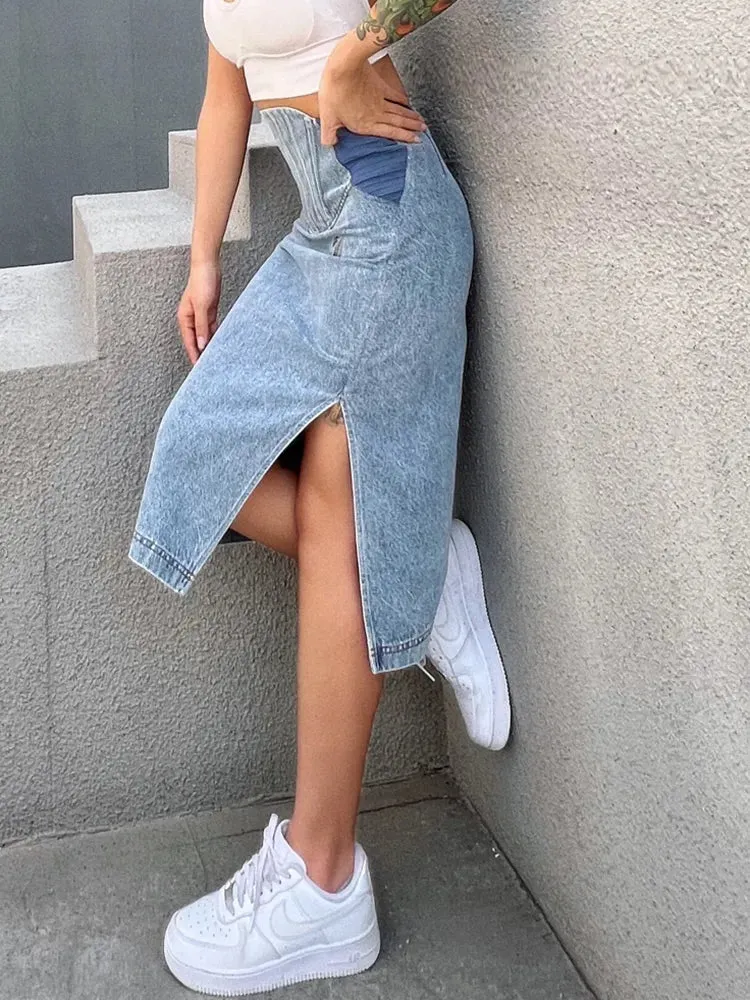 Makena Scallop Waist Denim Skirt