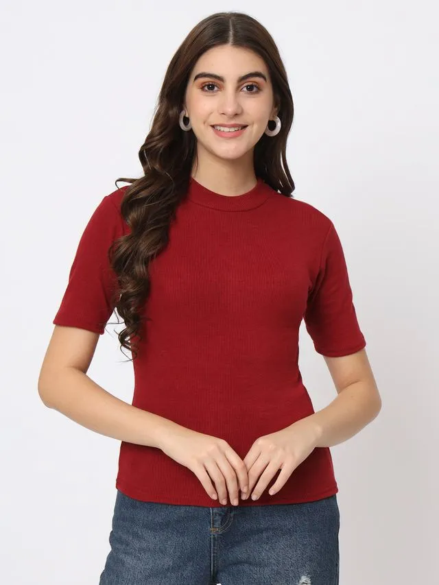 Maroon Solid Round Neck Regular Top