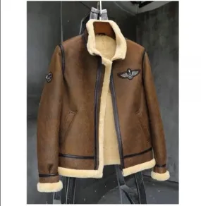 Men Sheepskin Shearling Motorcycle Leather Jacket Coat